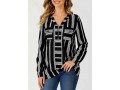 Striped Color Block V Neck Zipper Detail Blouse