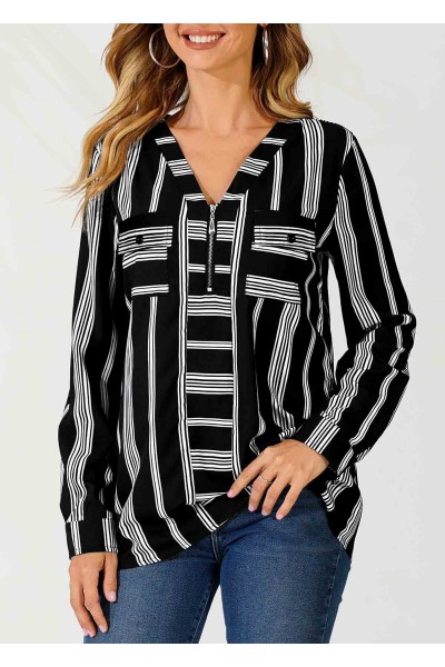 Striped Color Block V Neck Zipper Detail Blouse