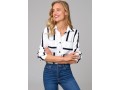 Striped Double Pocket Turndown Collar Blouse