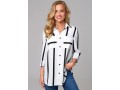 Striped Double Pocket Turndown Collar Blouse