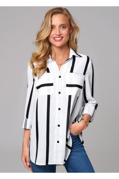 Striped Double Pocket Turndown Collar Blouse