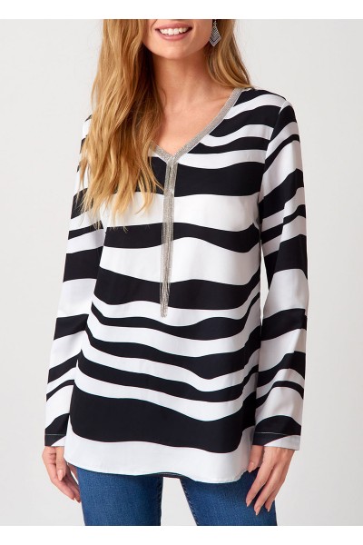 Striped Tassel V Neck Long Sleeve Blouse