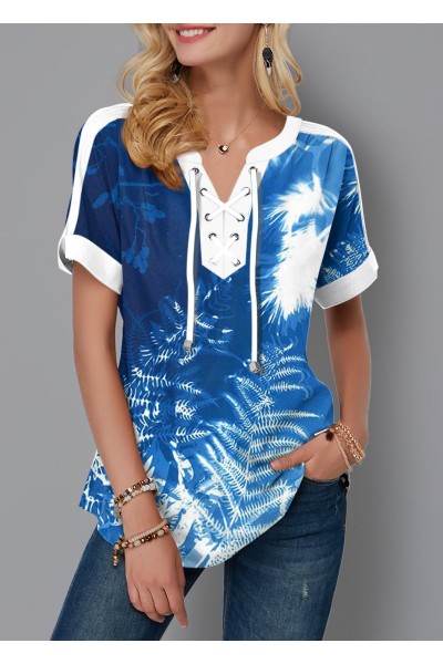 Tie Dye Tropical Print Lace Up Blouse