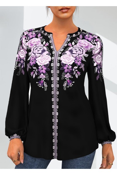 Tribal Floral Print Purple Split Neck Blouse