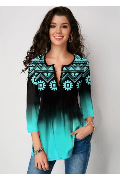 Tribal Print Gradient Three Quarter Sleeve Blouse