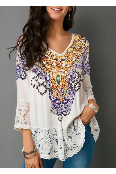 Tribal Print Lace Patchwork White Blouse