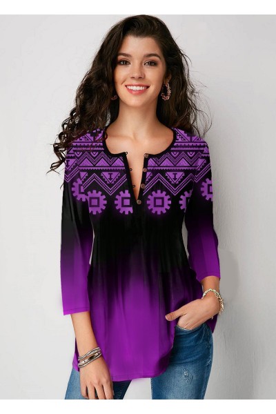 Tribal Print Ombre Three Quarter Sleeve Blouse