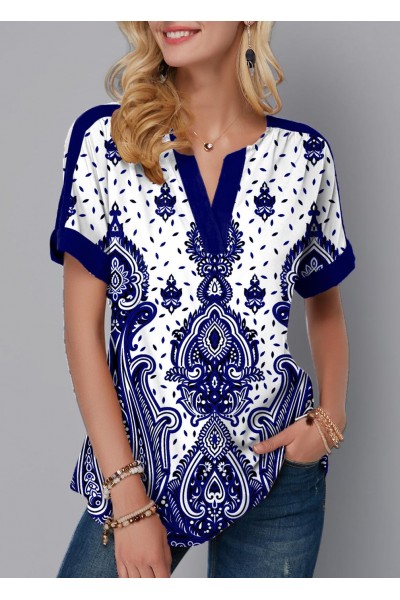 Tribal Print Split Neck Short Sleeve Blouse