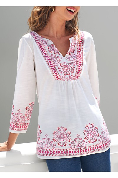 Tribal Print Split Neck White Blouse