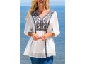 Tribal Print V Neck White 3/4 Sleeve Blouse