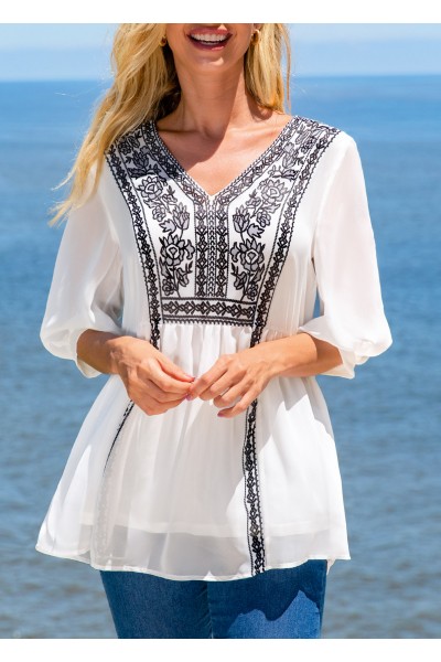 Tribal Print V Neck White 3/4 Sleeve Blouse