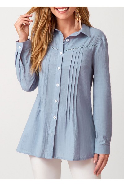 Turndown Collar Solid Crinkle Chest Long Sleeve Blouse