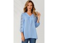 V Neck Sky Blue Lace Stitching Blouse