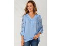 V Neck Sky Blue Lace Stitching Blouse