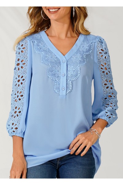 V Neck Sky Blue Lace Stitching Blouse