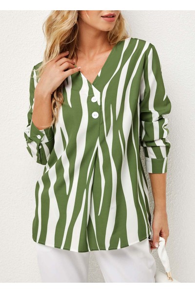 V Neck Striped Decorative Button Blouse