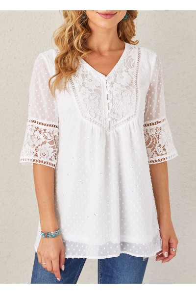 White Lace Stitching Sequin V Neck Blouse