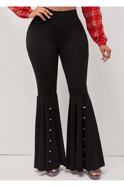 Black High Waisted Decorative Button Flare Pants