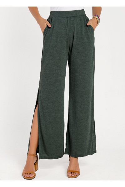 Blackish Green Side Slit Tie Design Pants