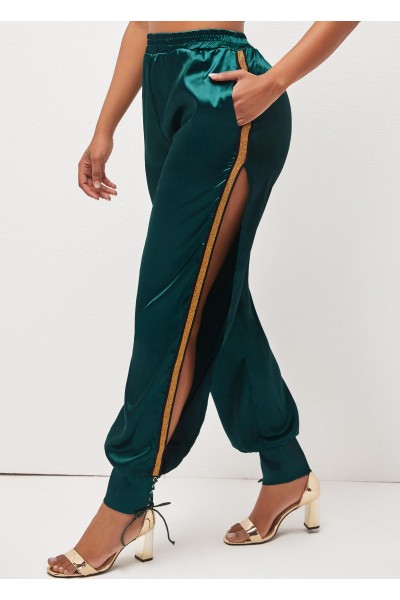 Dark Green Lace Up Side Slit Pants