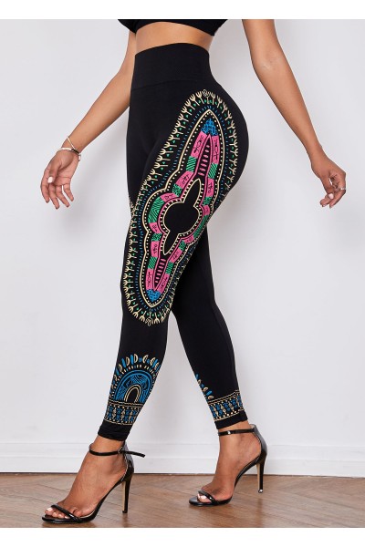 Dashiki Print Elastic Waist Black Skinny Pants