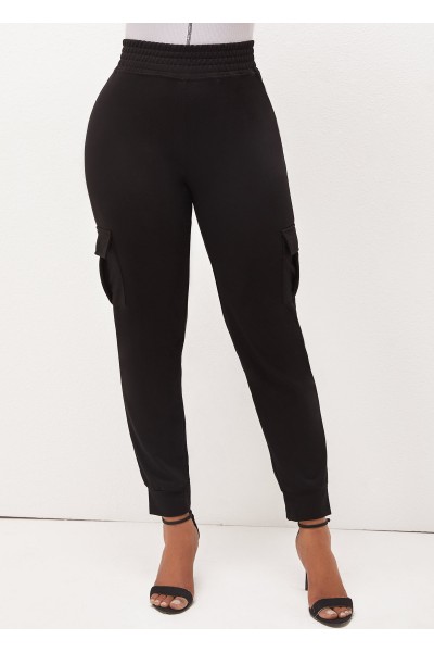 High Waist Pockets Black Elastic Detail Pants