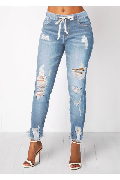 Light Blue Shredded Elastic Waist Pocket Jeans