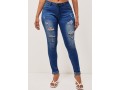 Shredded Pocket Skinny Denim Blue Mid Waist Jeans