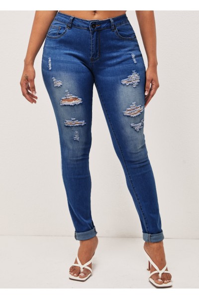 Shredded Pocket Skinny Denim Blue Mid Waist Jeans