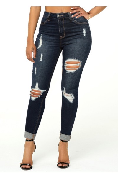 Shredded Roll Hem Pocket Mid Waist Jeans