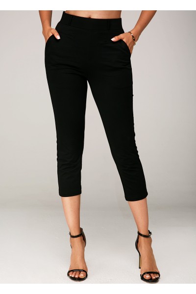 Side Pocket Black Elastic Waist Crop Pants