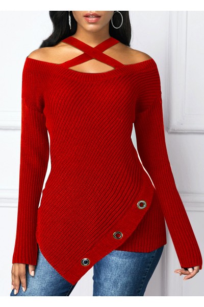 Asymmetric Hem Cross Strap Cold Shoulder Sweater