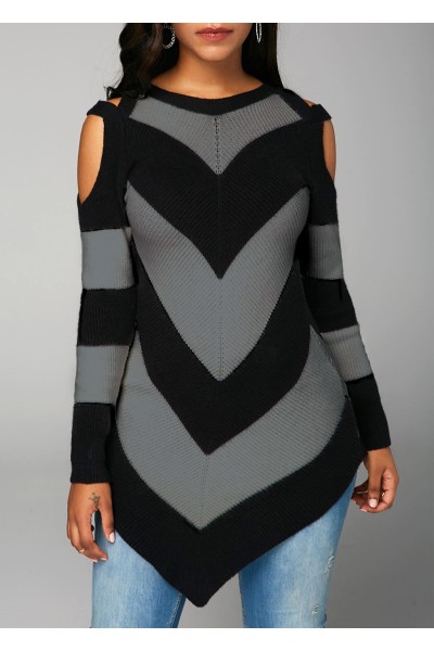 Asymmetric Hem Long Sleeve Black Sweater