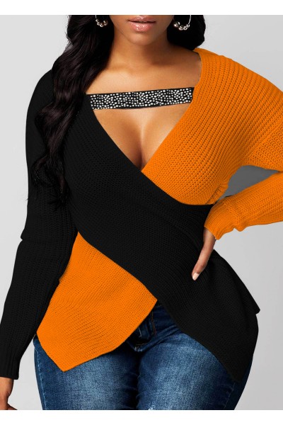 Asymmetric Hem Long Sleeve Contrast Sweater