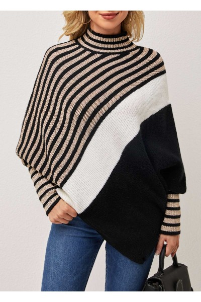 Batwing Sleeve Striped Black Mock Neck Sweater