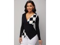 Checkered Print V Neck Long Sleeve Sweater