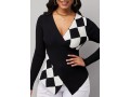 Checkered Print V Neck Long Sleeve Sweater