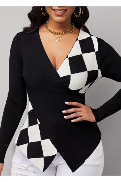 Checkered Print V Neck Long Sleeve Sweater