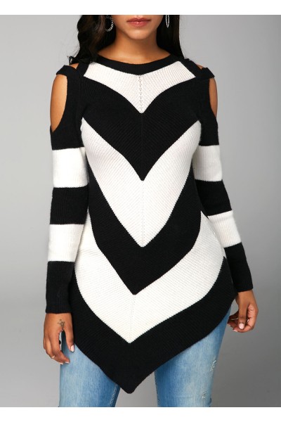 Cold Shoulder Chevron Pattern Long Sleeve Sweater