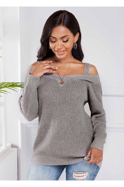 Cold Shoulder Long Sleeve Light Grey Sweater