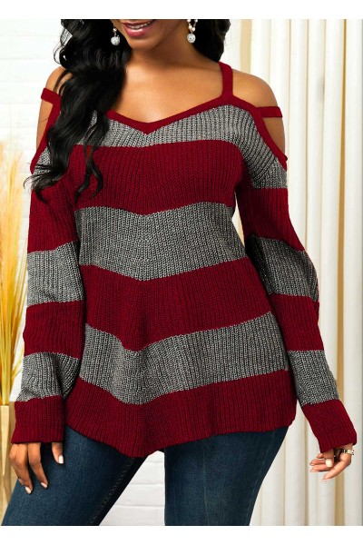 Cold Shoulder Striped Asymmetric Hem Sweater