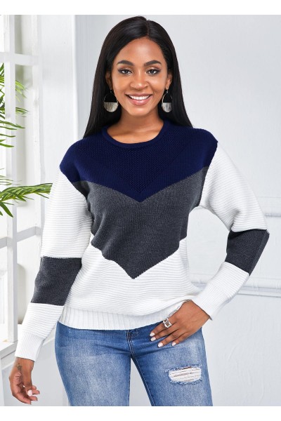 Color Block Round Neck Long Sleeve Sweater