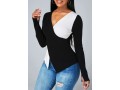 Contrast V Neck Asymmetric Hem Sweater