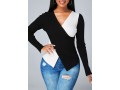 Contrast V Neck Asymmetric Hem Sweater