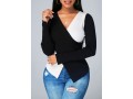 Contrast V Neck Asymmetric Hem Sweater