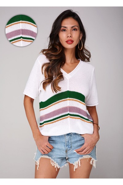 Contrast V Neck Short Sleeve Sweater