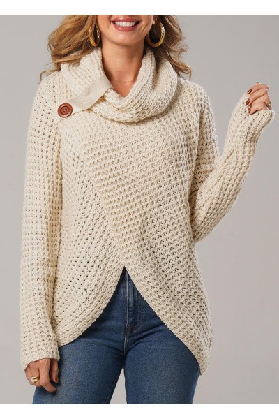 Cowl Neck Long Sleeve Beige Sweater