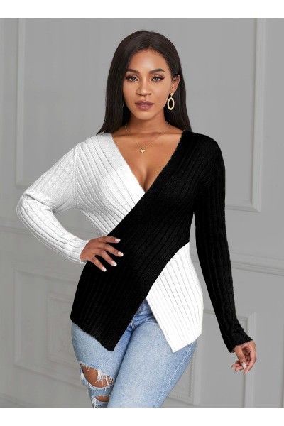 Cross Front Asymmetric Hem Color Block Sweater