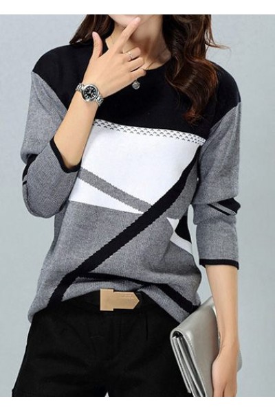 Dark Grey Round Neck Geometric Pattern Sweater