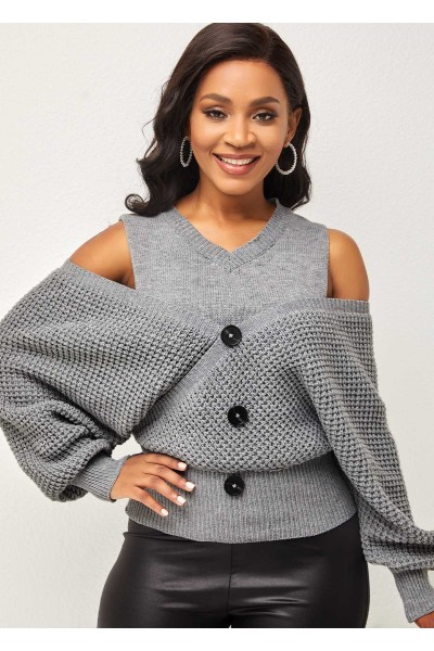 Decorative Button Faux Two Piece Cold Shoulder Sweater